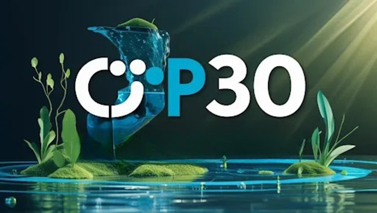 Logo da COP 30 com elementos da natureza amazônica
